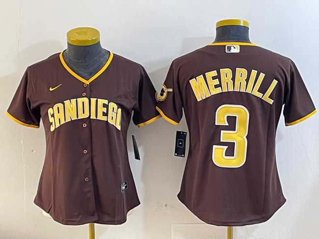 Womens San Diego Padres #3 Jackson Merrill Brown Stitched Jersey->mlb womens jerseys->MLB Jersey